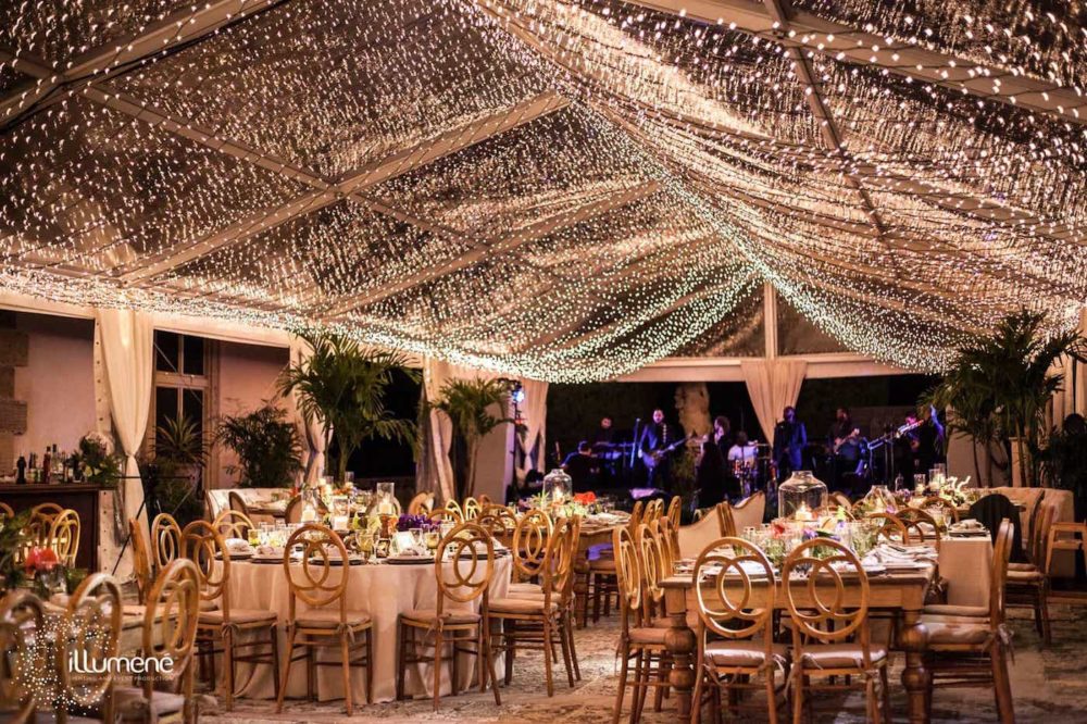Vizcaya Museum and Gardens tent lighting christmas lights wedding