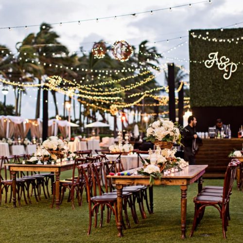 String lights Fontainebleau outside lawn Indian wedding